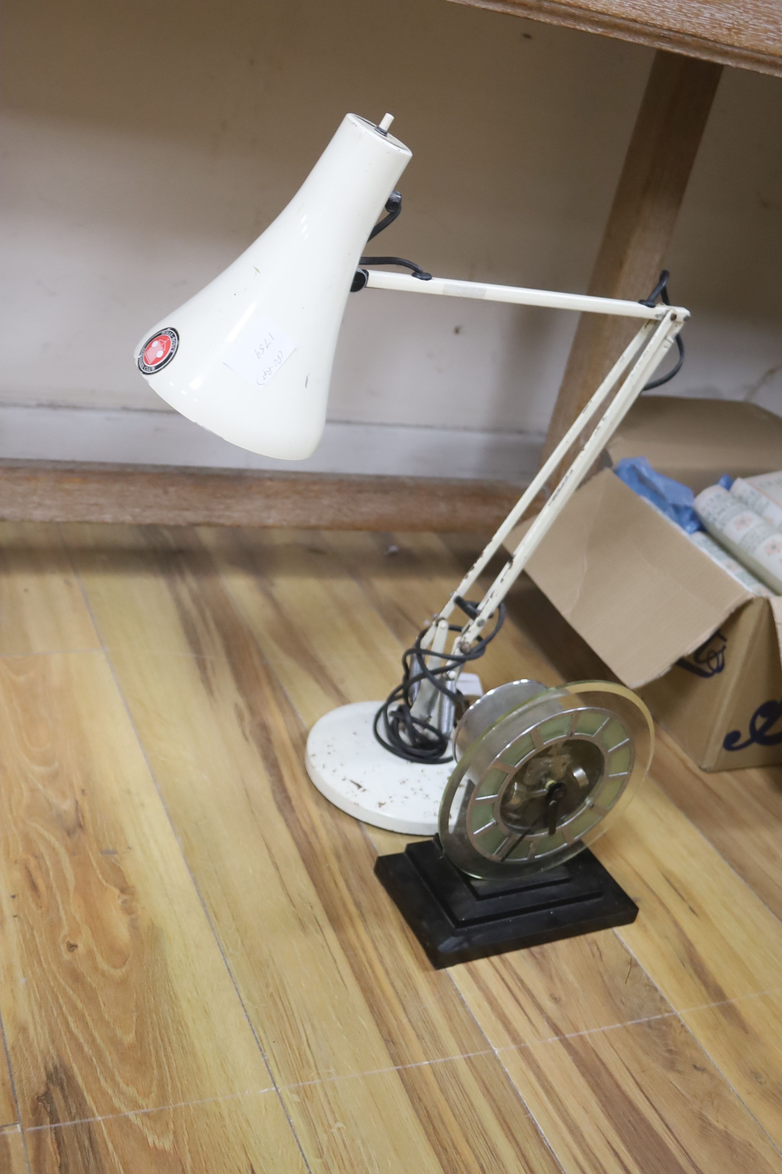 An anglepoise lamp, other lighting and an Art Deco clock